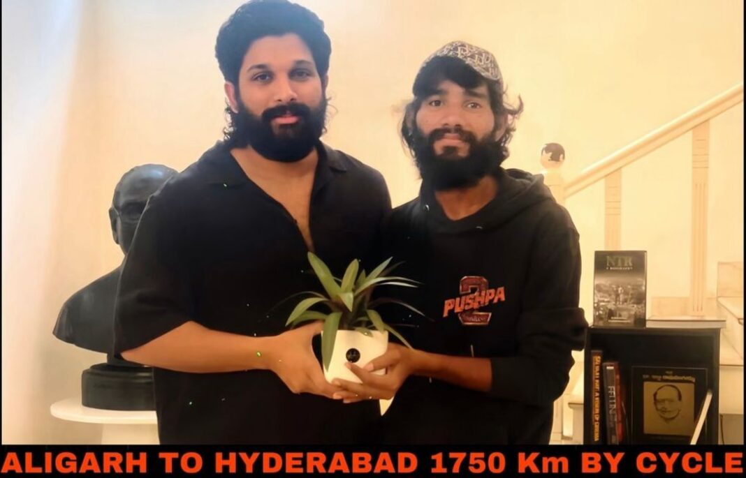 അല്ലു അർജുനെ കാണാൻ 1600 കിലോമീറ്റർ യാത്ര ചെയ്ത് സൈക്കിളിലെത്തി ആരാധകൻ; തിരികെ മടങ്ങാൻ വിമാന ടിക്കറ്റ് സമ്മാനിച്ച് താരം